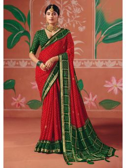 Gahan - Red Georgette Bandhani Foil Print Saree with Unstitched Blouse