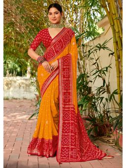 Gahan - Yellow Georgette Bandhani Foil Print Saree with Unstitched Blouse
