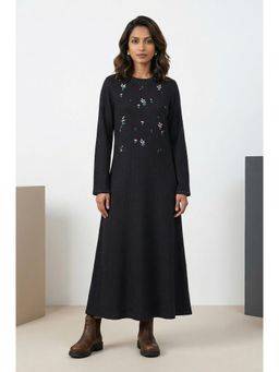 W - Womens Black Yarn Dyed Embroidered Rayon Blend A-Line Winter Maxi Dress