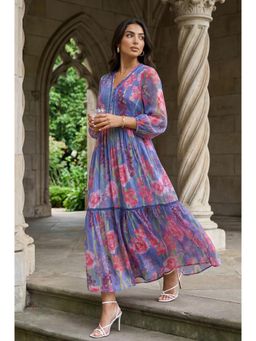 W - Womens Blue Floral Printed Chiffon Flared Dress