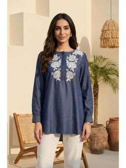 W - Womens Blue Yarn Dyed Embroidered Tencel Straight Tunic