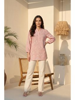 W - Womens Pink Floral Printed Pure Cotton Straight Tunic