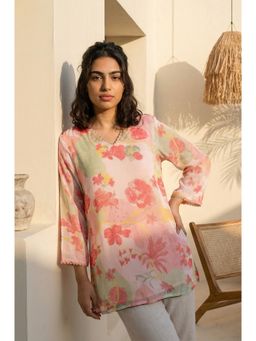 W - Womens Pink Floral Printed Lace Silver Chiffon Straight Tunic