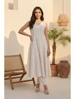 W - Womens Off White Printed Rayon Blend Flared Kurta with Pant