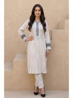 W - Womens Off White Stripes Rayon Blend Straight Kurta with Pant