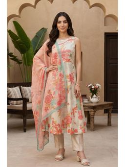 W - Womens Cream Floral Printed Sleeveless Anarkali Kurta with Pant & Dupatta