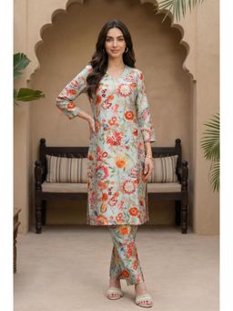 W - Womens Light Blue Floral Printed Straight Kurta & Pant