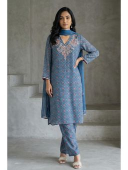 W - Womens Blue Floral Printed Modal Straight Kurta with Pant & Dupatta