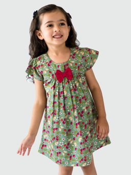 Campana - Girls Cotton Suzy Dress with Bow - Cherry Bunch Print - Olive Green