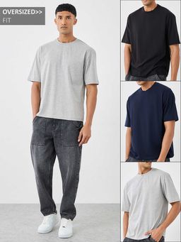 Styli - Men Cotton Rich Oversize Crew Neck T-Shirt (Pack of 3)