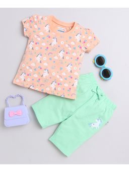 Bumzee - Girls Peach Cap Sleeves T-Shirt and Green Capri (Set of 2)