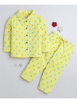 Bumzee - Yellow Girls Full Sleeves Cotton Shirt with Pyjama Night Suit (Set of 2)