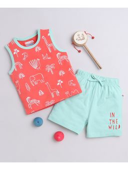 Bumzee - Boys Sleeveless Coral T-Shirt and Green Shorts (Set of 2)