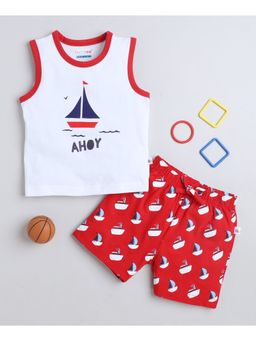 Bumzee - Boys Sleeveless White T-Shirt and Red Shorts (Set of 2)