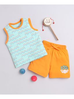 Bumzee - Boys Sleeveless Blue T-Shirt and Orange Shorts (Set of 2)