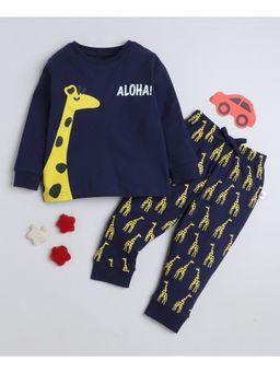 Bumzee - Navy Blue Boys Full Sleeves T-Shirt and Pyjama (Set of 2)