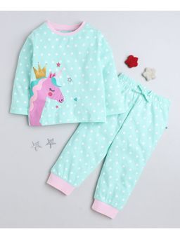Bumzee - Mint Blue Girls Full Sleeves T-Shirt and Pyjama (Set of 2)