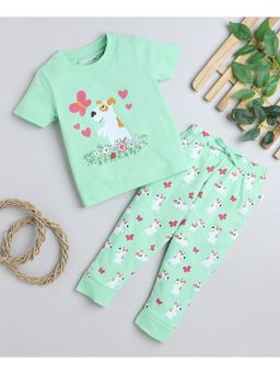 Bumzee - Green Girls Half Sleeves T-Shirt and Pyjama (Set of 2)