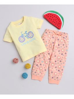 Bumzee - Girls Yellow Half Sleeves T-Shirt and Peach Pyjama (Set of 2)