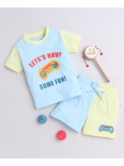 Bumzee - Sky Blue & Yellow Boys Half Sleeves T-Shirt and Shorts (Set of 2)
