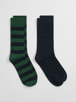 GANT - Mens Green & Navy Blue Barstripe and Solid Socks (Pack of 2)