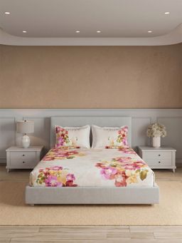 Ddecor Live Beautiful - Pure Cotton 210Tc Floral Beige Bedsheet with 2 Pillow Covers (Super King)