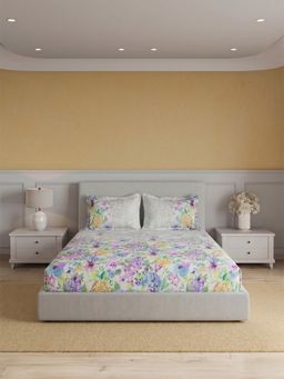 Ddecor Live Beautiful - Pure Cotton 210Tc Floral White Bedsheet with 2 Pillow Covers (Super King)