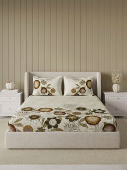 Ddecor Live Beautiful - Pure Cotton 145Tc Floral Beige Bedsheet with 2 Pillow Covers (Super King)