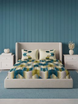 Ddecor Live Beautiful - Pure Cotton 145Tc Geometric Blue Bedsheet with 2 Pillow Covers (Super King)