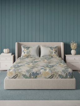 Ddecor Live Beautiful - Pure Cotton 145Tc Leaves Grey Bedsheet with 2 Pillow Covers (Super King)