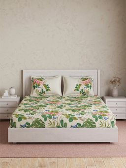 Ddecor Live Beautiful - Pure Cotton 145Tc Floral Beige Bedsheet with 2 Pillow Covers (Super King)