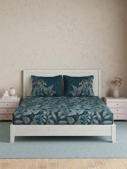 Ddecor Live Beautiful - Pure Cotton 145Tc Leaves Teal Bedsheet with 2 Pillow Covers (Super King)