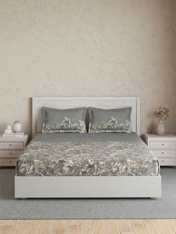 Ddecor Live Beautiful - Pure Cotton 145Tc Floral Grey Bedsheet with 2 Pillow Covers (Super King)