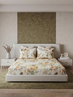 Ddecor Live Beautiful - Pure Cotton 180Tc Floral Beige Bedsheet with 4 Pillow Covers (Super King)