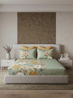 Ddecor Live Beautiful - Pure Cotton 180Tc Floral Green Bedsheet with 4 Pillow Covers (Super King)
