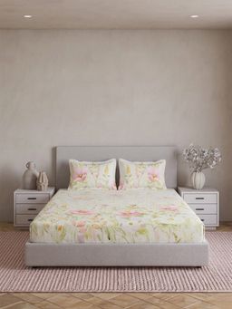 Ddecor Live Beautiful - Pure Cotton 180Tc Floral Off White Bedsheet with 2 Pillow Covers (Super King)