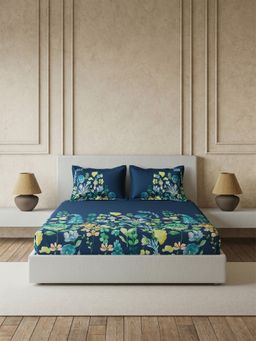 Ddecor Live Beautiful - Pure Cotton 145Tc Floral Navy Blue Bedsheet With 2 Pillow Covers (King)