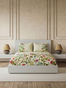 Ddecor Live Beautiful - Pure Cotton 145Tc Floral Off White Bedsheet With 2 Pillow Covers (King)