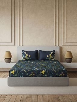 Ddecor Live Beautiful - Pure Cotton 145Tc Floral Navy Blue Bedsheet With 2 Pillow Covers (King)