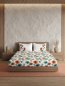 Ddecor Live Beautiful - Pure Cotton 145Tc Floral Orange Bedsheet with 2 Pillow Covers (Super King)