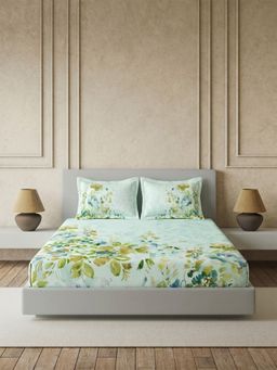 Ddecor Live Beautiful - Pure Cotton 145Tc Floral Green Fitted Bedsheet with 2 Pillow Covers (King)