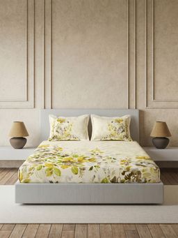Ddecor Live Beautiful - Pure Cotton 145Tc Floral Beige Fitted Bedsheet with 2 Pillow Covers (King)
