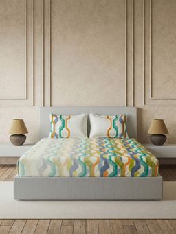 Ddecor Live Beautiful - Pure Cotton 145Tc Geometric Green Fitted Bedsheet with 2 Pillow Covers (King)