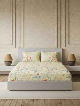 Ddecor Live Beautiful - Pure Cotton 145Tc Floral Beige Fitted Bedsheet with 2 Pillow Covers (King)
