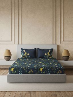 Ddecor Live Beautiful - Pure Cotton 145Tc Floral Navy Blue Fitted Bedsheet with 2 Pillow Covers (King)