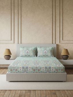 Ddecor Live Beautiful - Pure Cotton 145Tc Floral Green Fitted Bedsheet with 2 Pillow Covers (King)