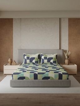 Ddecor Live Beautiful - Pure Cotton 144Tc Geometric Navy Blue Bedsheet with 2 Pillow Covers (King)