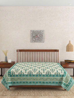 Fabindia - White Barkha Printed Cotton Bed Cover