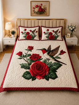 HOSTA HOMES - Beige Soft Fabric 7D Quilted Printed Bedsheet with 2 Pillow Covers (Queen)