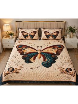 HOSTA HOMES - Beige Soft Fabric 7D Quilted Printed Bedsheet with 2 Pillow Covers (Queen)